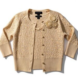 ST JOHN Cream Knit Twin Set Cardigan Shell Top Pearl Buttons Floral Applique P